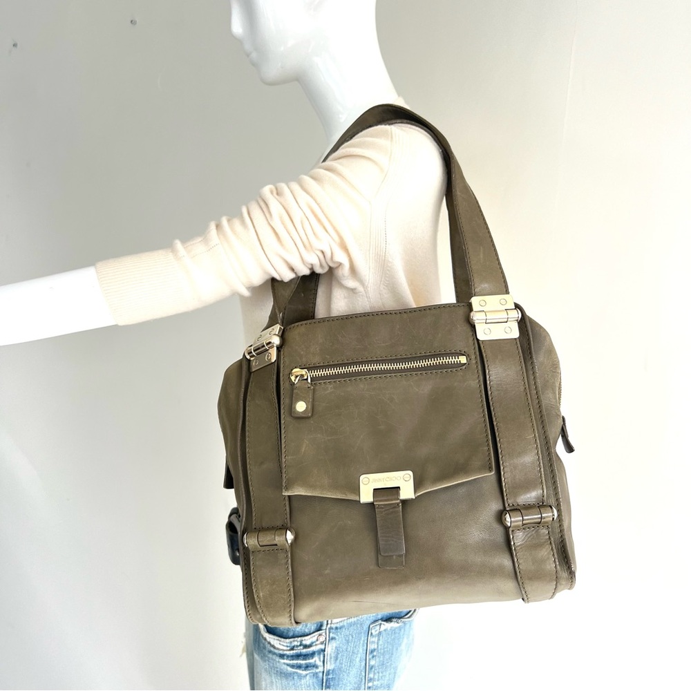 JIMMY CHOO Parker Olive Green Leather Double Top Handle Shoulder Bag Tote